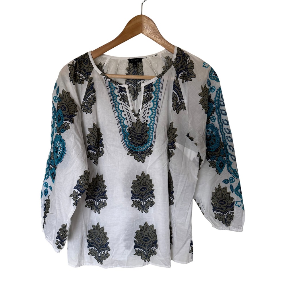 Talbots Tunic Top Womens Small White Blue Floral Cotton Good Boho Split Neck